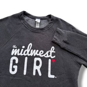 The Midwest Girl Sm Charcoal Gray Raglan Graphic Logo Fleece Crewneck Sweatshirt